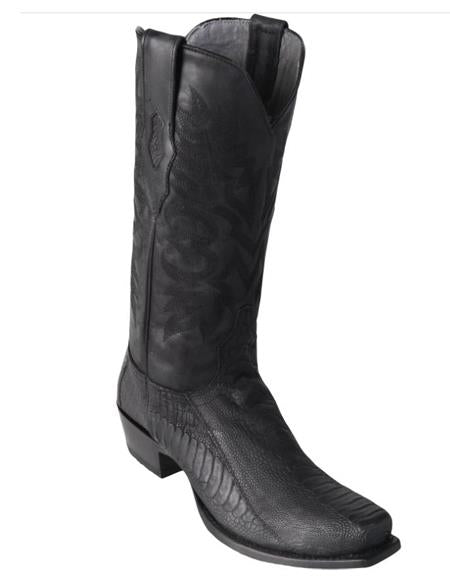 Ostrich Leg Boots - Men's Black Ostrich Leg Square 7-Toe Cowboy Boots - Greasy Finish - Botas De Avestruz