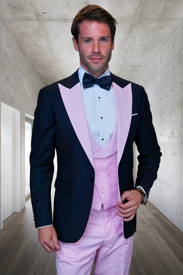 Pink Tuxedo - Men’s Black and Pink Wool Tuxedo – Designer Vested Tuxedo with Contrast Satin Peak Lapel for Wedding & Prom