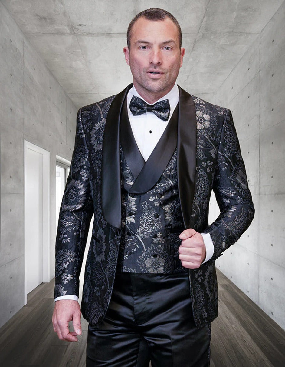 Esmoquin con estampado floral negro y pajarita para hombre