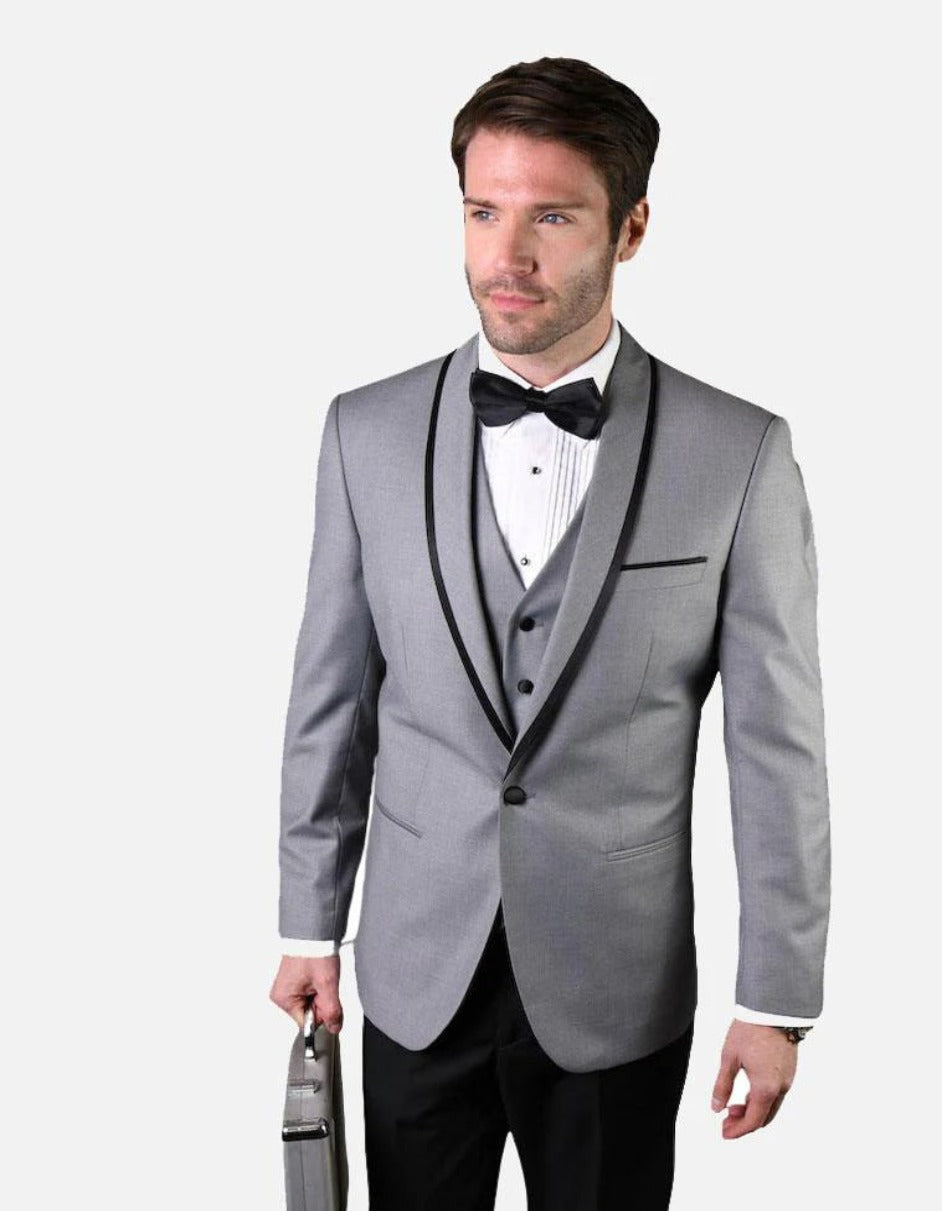 Esmoquin gris con solapa negra para hombre, 100 % lana