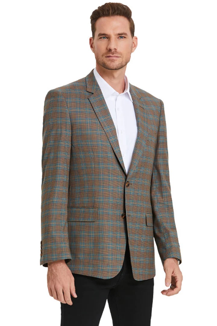 Sacos Vaqueros - Sacos Para Hombre - Men's Two Button Business Casual Double Windowpane Sport Coat In Dark Camel Bronze & Tea