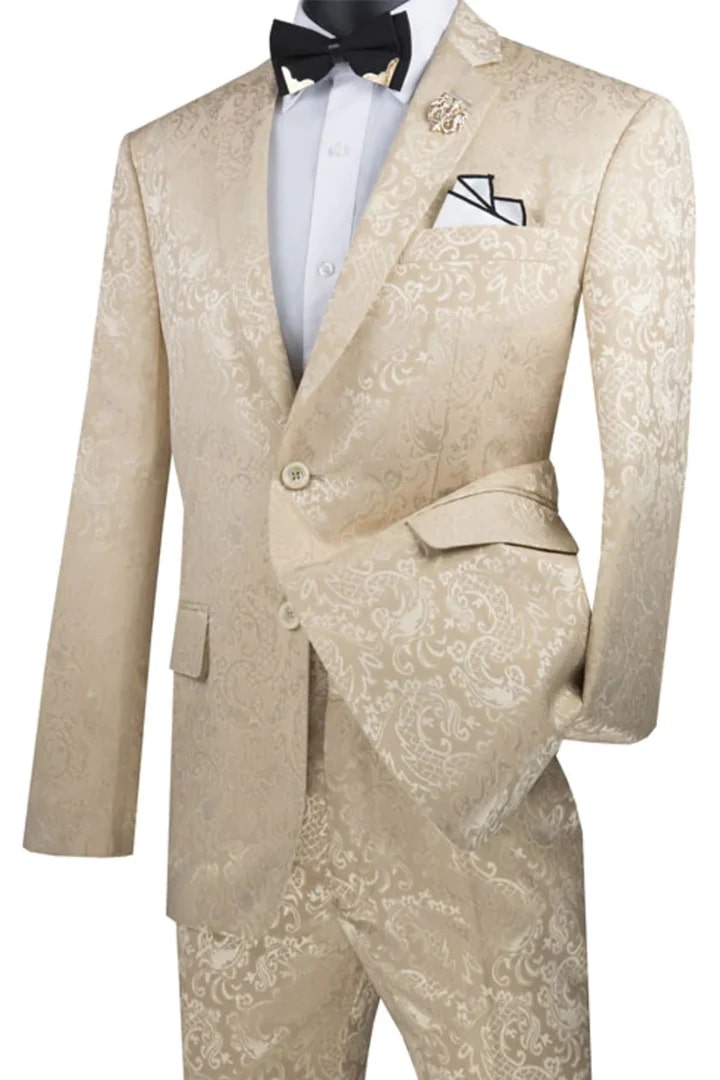 Trajes Elegantes Para Hombre - Trajes De Vestir - Mens Slim Fit Shiny Paisley prom &amp; Beige Wedding Suit