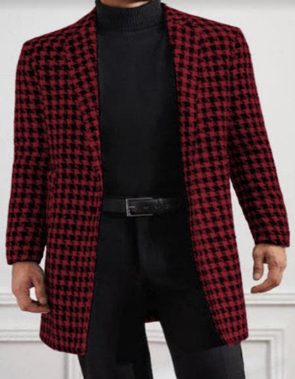 Burgundy Overcoat - Men Houndstooth Lapel Collar Single Breasted Tweed Overcoat Black and Burgundy