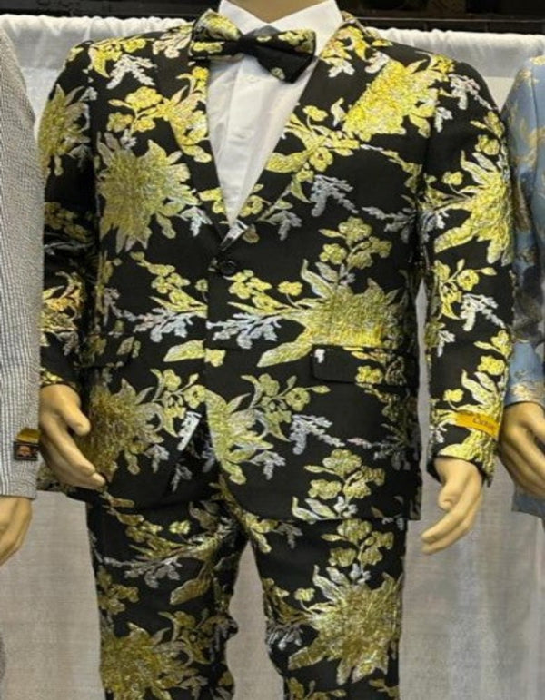 Gold Suit - Black and Gold and Sliver Prom Suit - Paisley Floral Tuxedo Suit With Matching Bowtie - Paisley Pattern