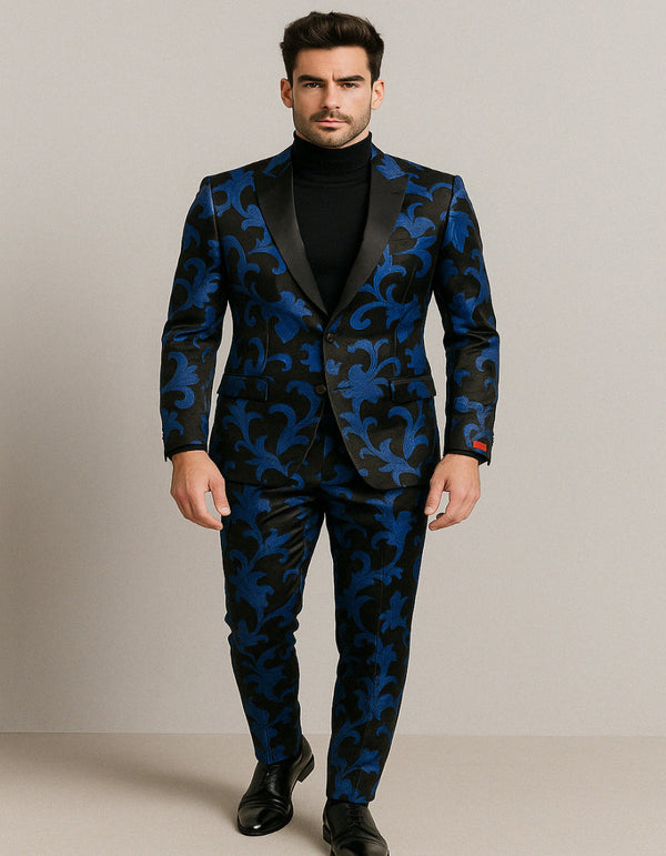 Royal Blue Tuxedos - Mens Black and Royal Blue Floral Tuxedo Suit – Slim Fit 2 Piece Velvet Embroidered Outfit for Weddings, Prom, and Formal Events