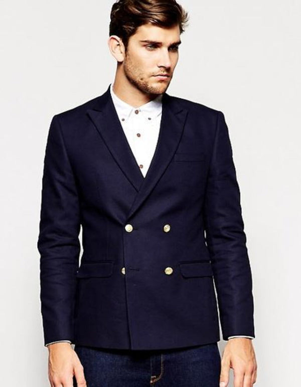 Double Breasted Blazer - Black Or Navy Blue Men's Double Breasted Suits Jacket Slim Fit 4 Buttons Style Fabric Blazer Sport Coat
