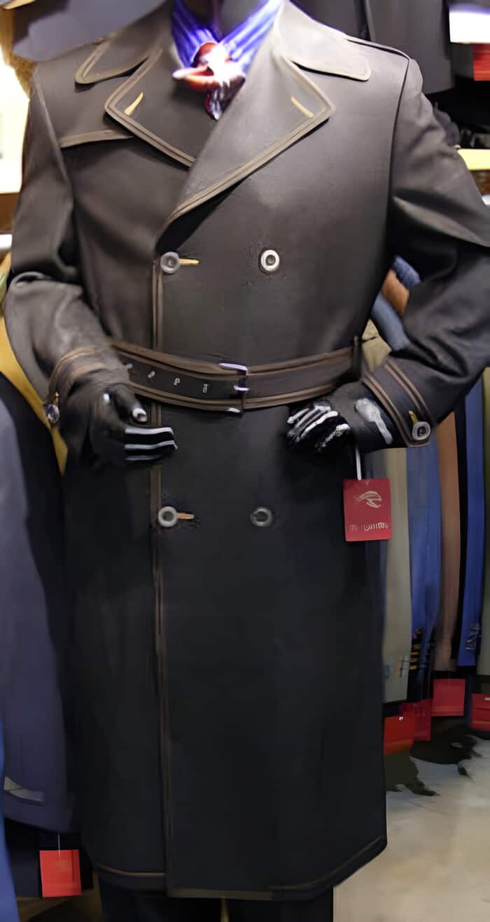Double Breasted Denim Ankle length Coat Dress Coat  Priced Available In Big & Tall Sizes with a Belt Dark color black men's O