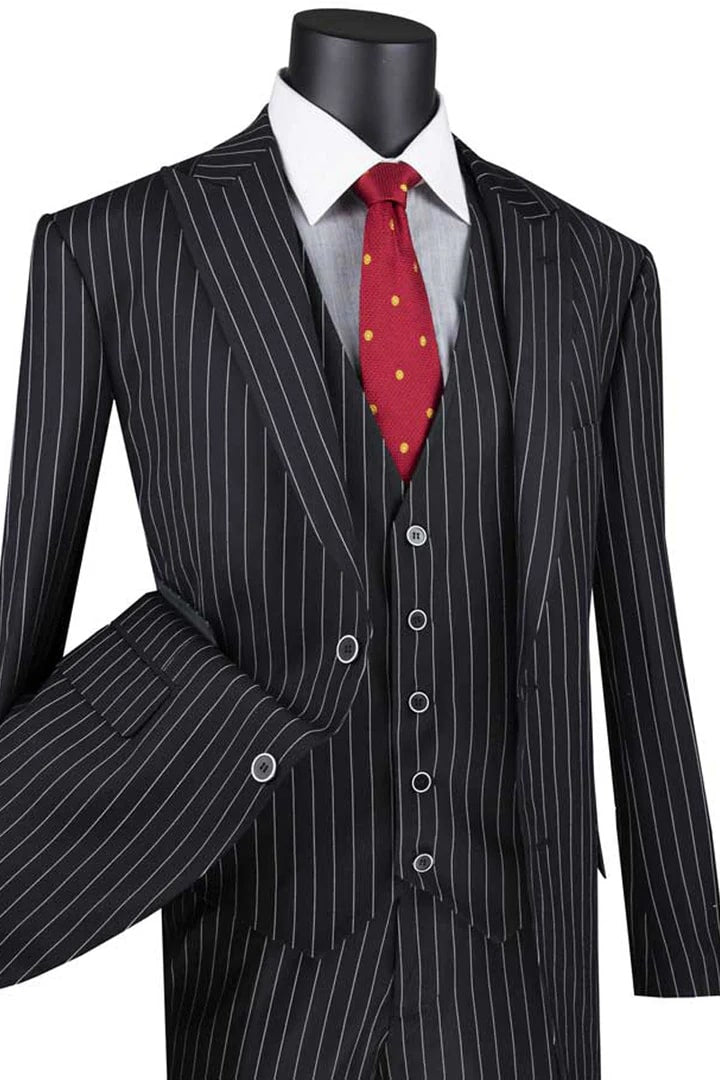 Trajes Elegantes Para Hombre - Trajes De Vestir - Mens Vested Bold Gangster Black Pinstripe Suit