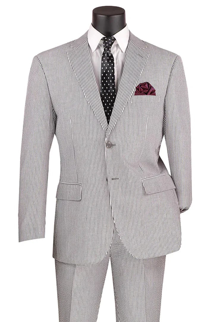 Trajes Elegantes Para Hombre - Trajes De Vestir - Mens 2 Pc Summer Seersucker Modern Fit Black Pinstripe Suit