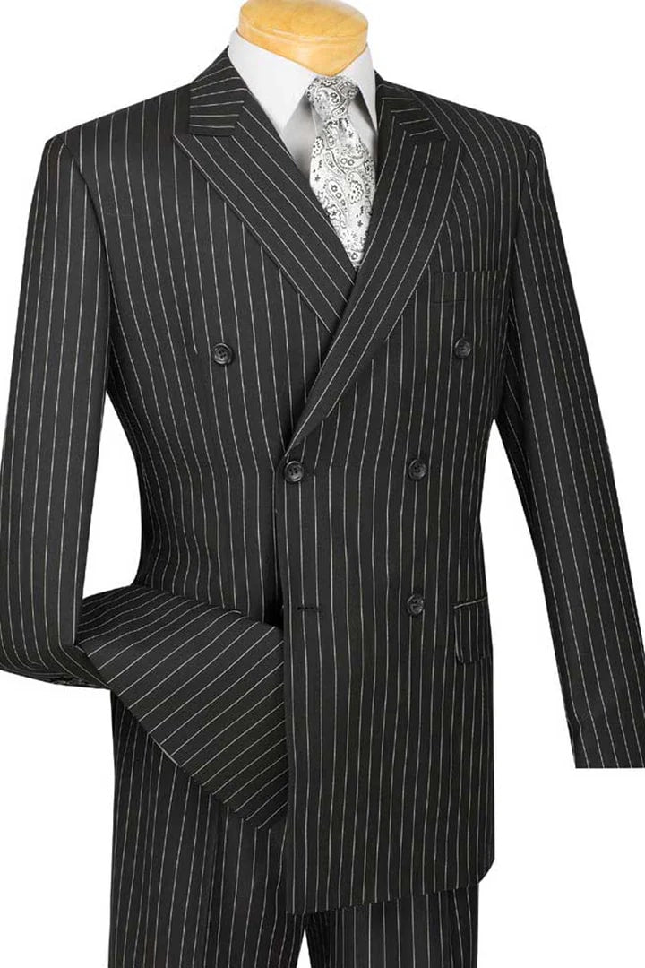 Trajes Elegantes Para Hombre - Trajes De Vestir - Mens Double Breasted Gangster Black Pinstripe Suit