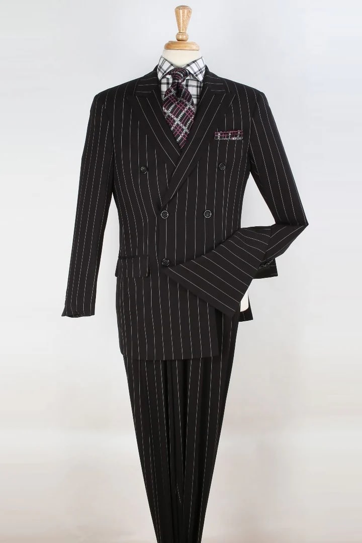 Trajes Elegantes Para Hombre - Trajes De Vestir - Mens Double Breasted 1920's Wide Bold Gangster Black Pinstripe Suit