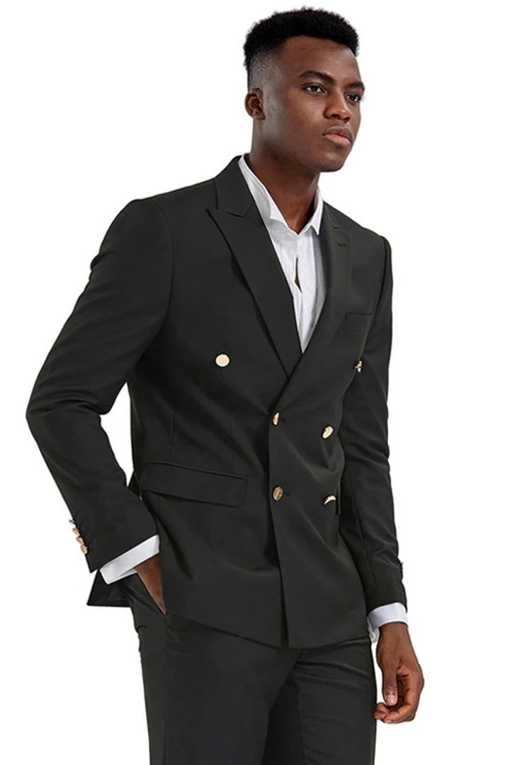 Trajes Elegantes Para Hombre - Trajes de Vestir - Mens Slim Fit Double Breasted Black Gold buttons Wedding Suit