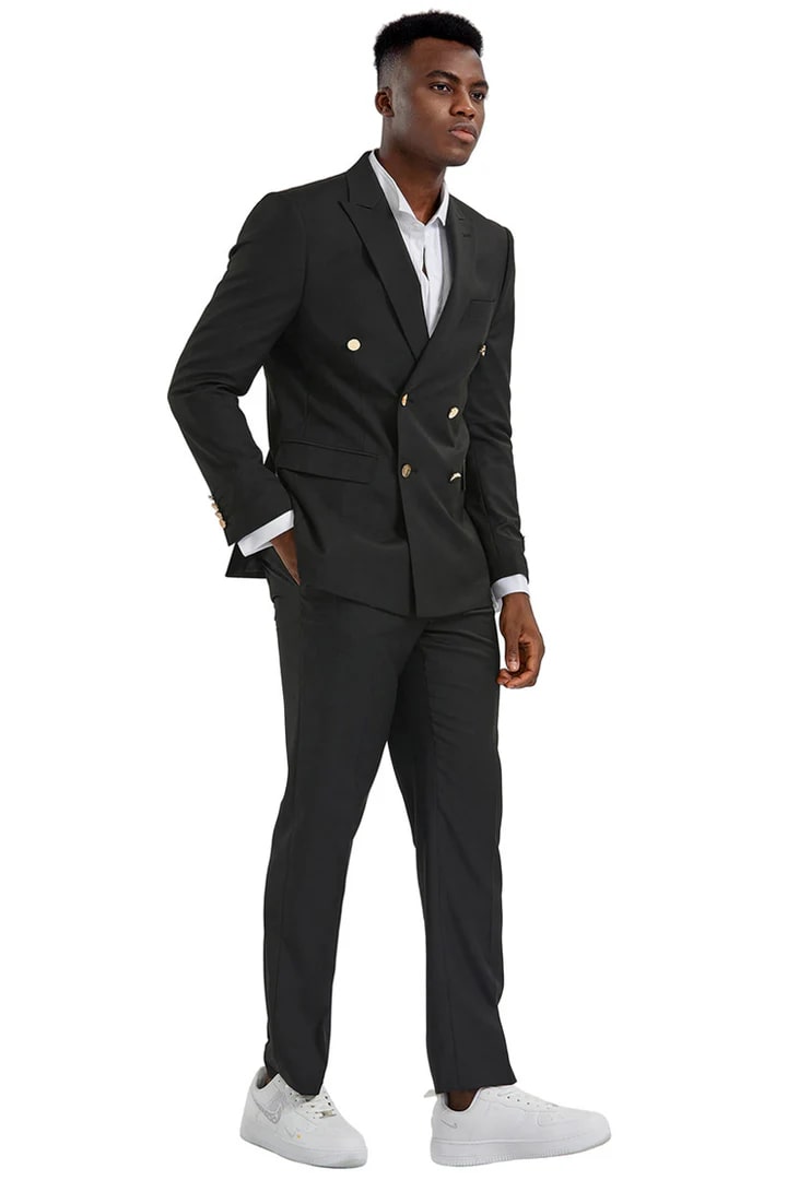 Trajes Elegantes Para Hombre - Trajes de Vestir - Mens Slim Fit Double Breasted Black Gold buttons Wedding Suit
