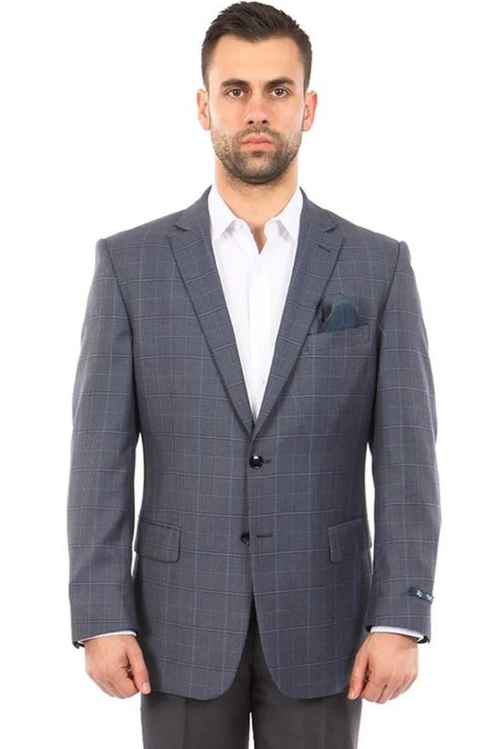 Sacos Vaqueros - Sacos Para Hombre - Men's Two Button Windowpane Plaid Blue Sport Coat