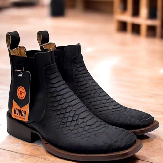 Mens Black Python Print Short Cowboy Boots by Hooch