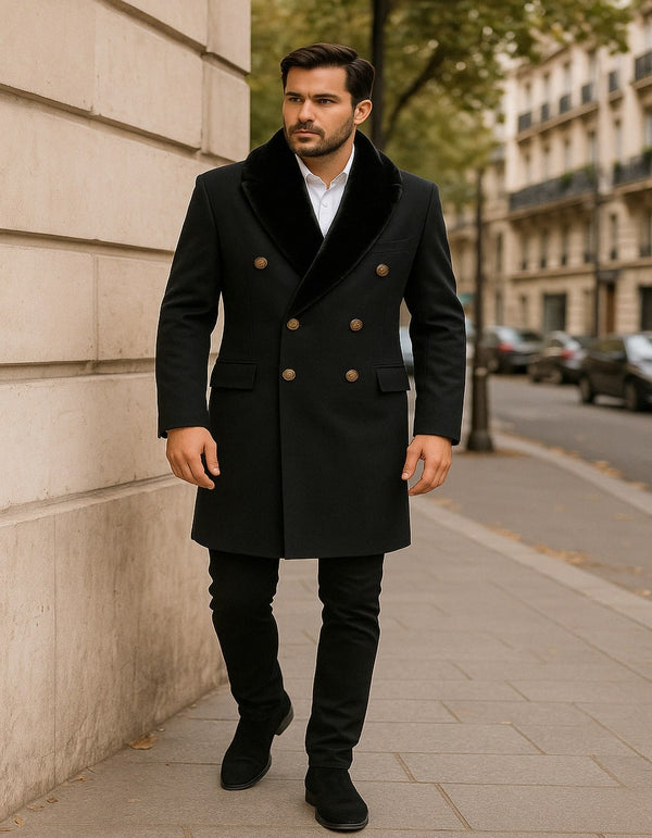Double Breasted Overcoat - Men’s Black Double-Breasted Overcoat with Faux Fur Collar and Gold Buttons