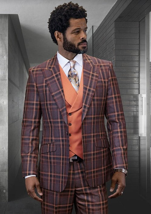 Rust Color Suit - Brown Plaid Suit - Copper - Orange - Rust Color Windowpane Pattern Suit - Wool Suit - Peak Lapel Side Vented Modern Fit