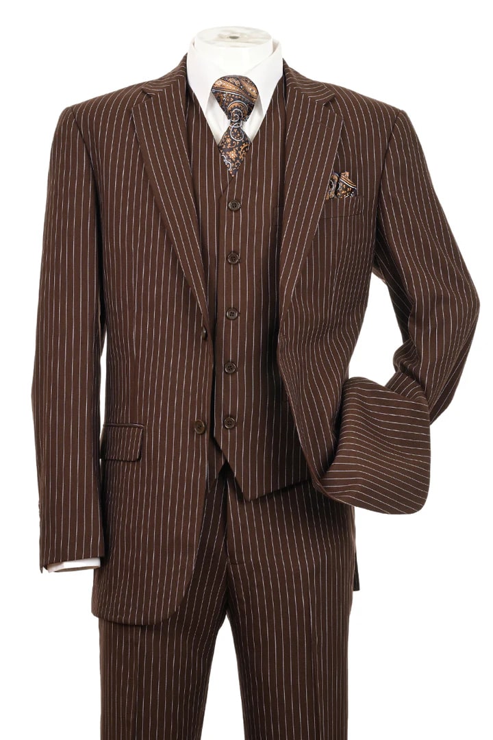 Trajes Elegantes Para Hombre - Trajes De Vestir - Mens Two Button Brown Pinstripe gangster Suit