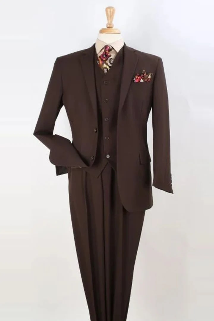 Trajes Elegantes Para Hombre - Trajes De Vestir - Mens Classic Fit Vested Brown Pleated Pant Suit