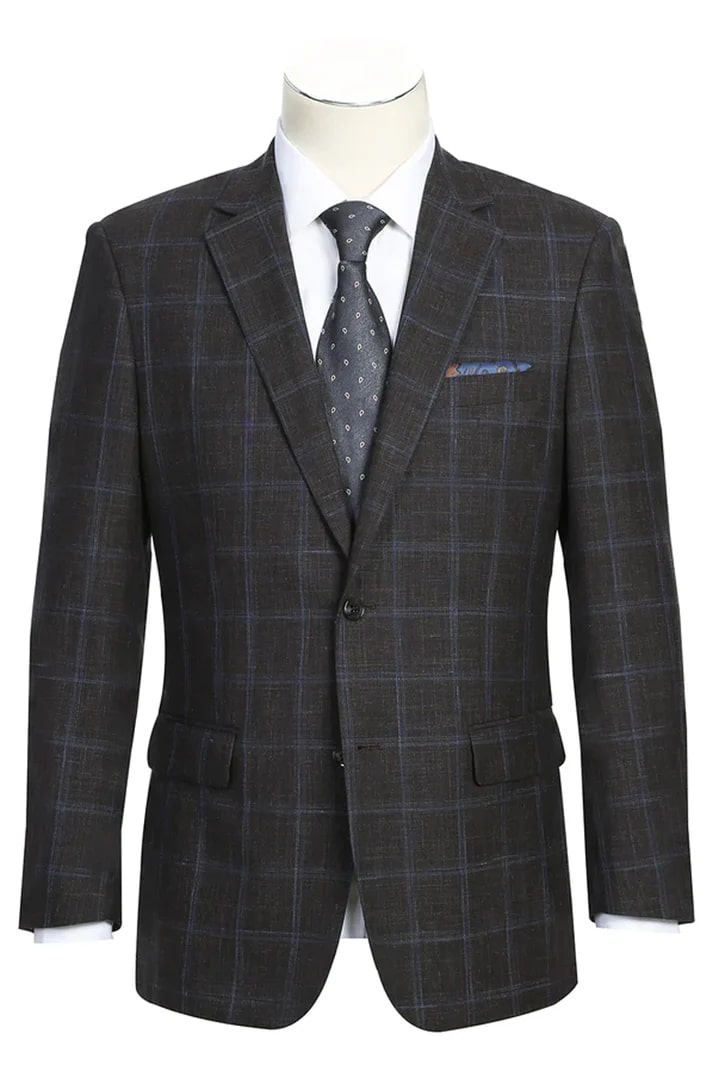 Sacos Vaqueros - Sacos Para Hombre  -Mens Classic Fit Two Button Wool & Linen Sport Coat Blazer In Brown Windowpane Plaid
