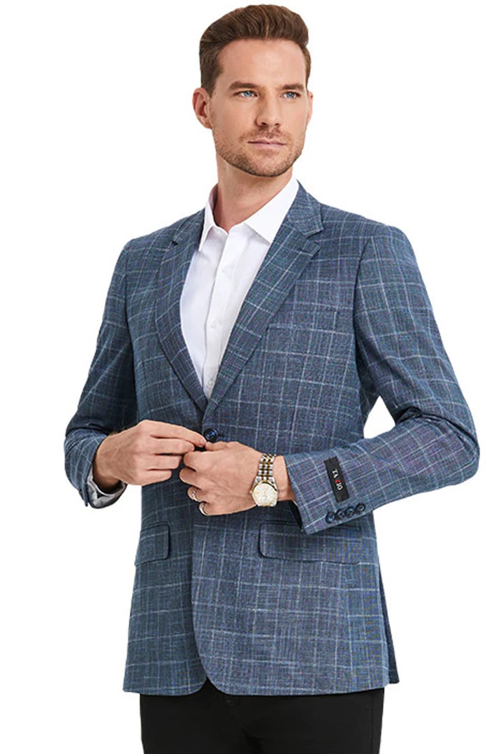 Sacos Vaqueros - Sacos Para Hombre - Men's Slim Fit Business Casual Windowpane Plaid Sport Coat In Denim Blue