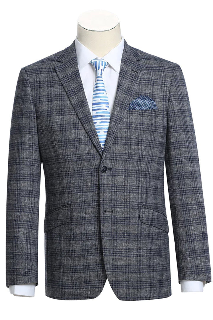 Sacos Vaqueros - Sacos Para Hombre  - Mens Two Button Slim Fit Sport Coat Blazer In Charcoal Grey & Blue Windowpane Plaid