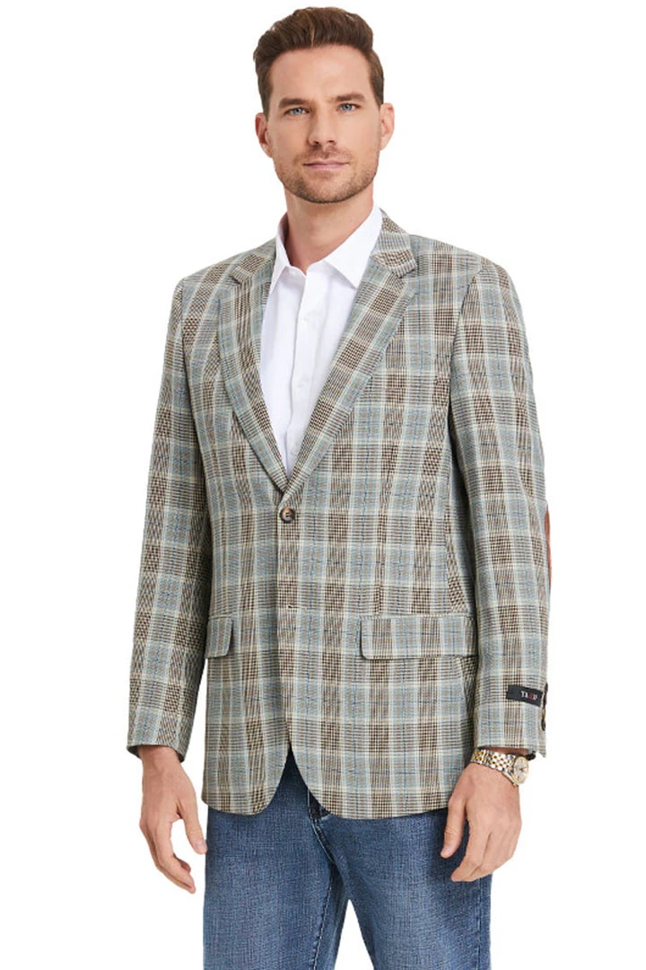 Sacos Vaqueros - Sacos Para Hombre - Men's Two Button Slim Fit Business Casual Sport Coat In Camel Glen Plaid