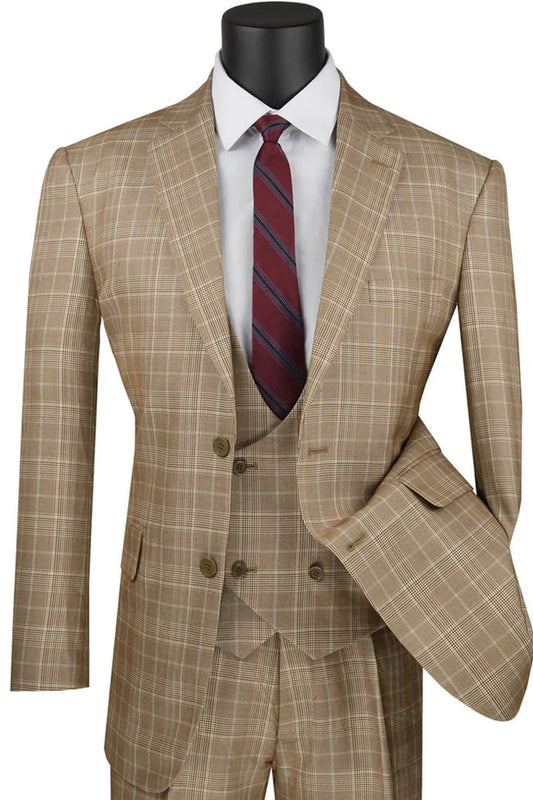 Trajes Elegantes Para Hombre - Trajes De Vestir - Mens Two Button Vested Peak Lapel Windowpane Camel Plaid Suit