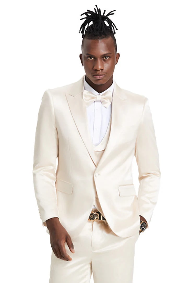 Trajes Elegantes Para Hombre - Trajes De Vestir - Mens One Button Vested Shiny Satin Sharkskin Prom & Champagne party Suit