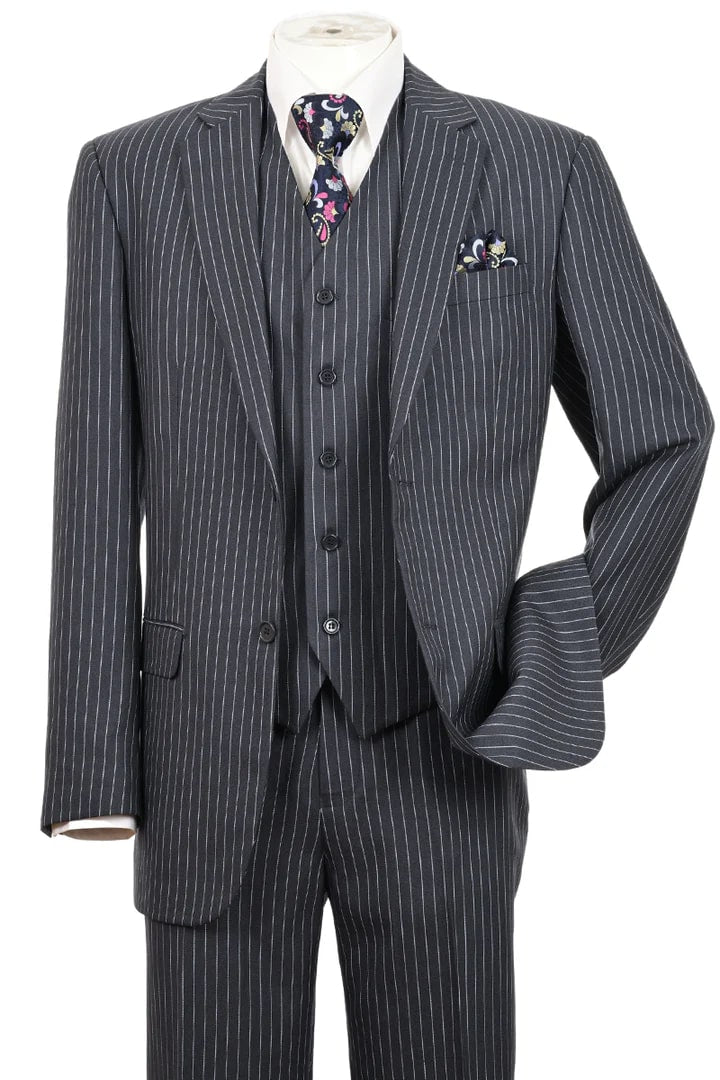 Trajes Elegantes Para Hombre - Trajes De Vestir - Mens Two Button Vested Bold Charcoal Gray Pinstripe Gangster Suit