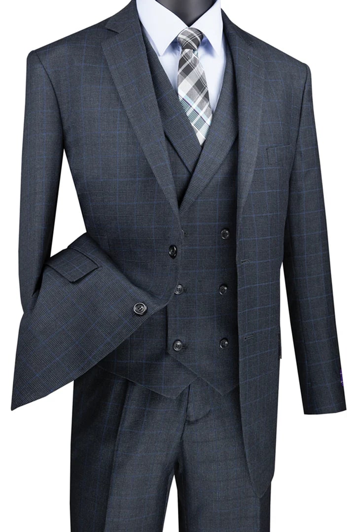 Trajes Elegantes Para Hombre - Trajes De Vestir - Mens Two Button Double Breasted Charcoal Grey Plaid Suit