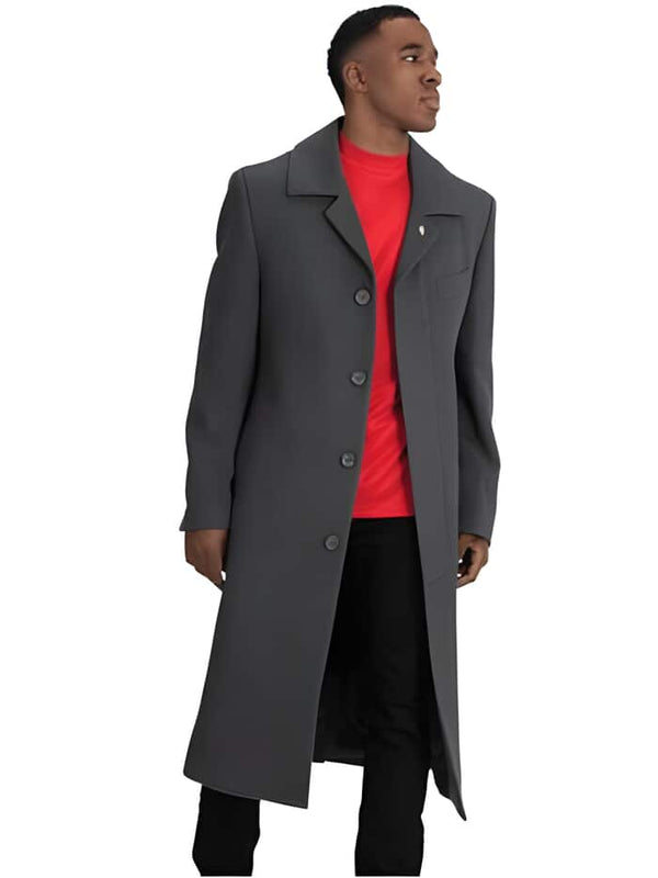 Full Length Coat - Dark Charcoal Men's Blue Martini Four Button Ankle length Wool Full Length Overcoat
