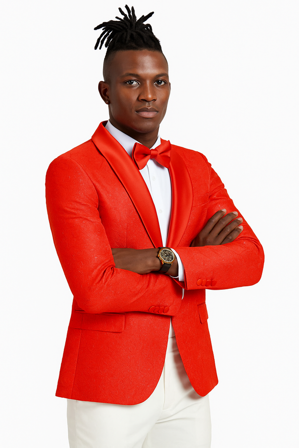 Red Tuxedos - Men’s Slim Fit Tonal Paisley Tuxedo Jacket in Red for Wedding & Prom