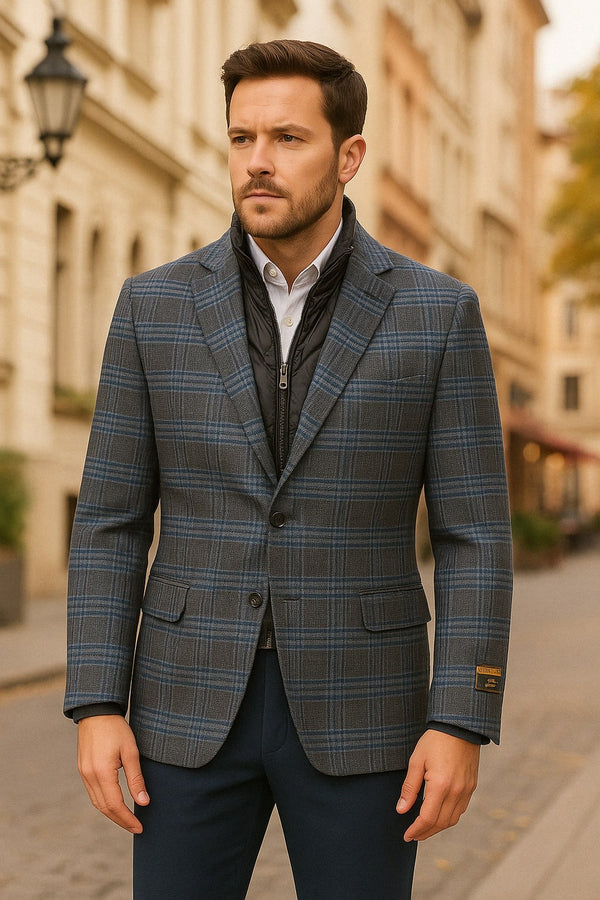Wool Blazer - Men’s Blue & Grey Checkered Wool Blazer with Quilted Inner Layer – Alberto Nardoni Collection