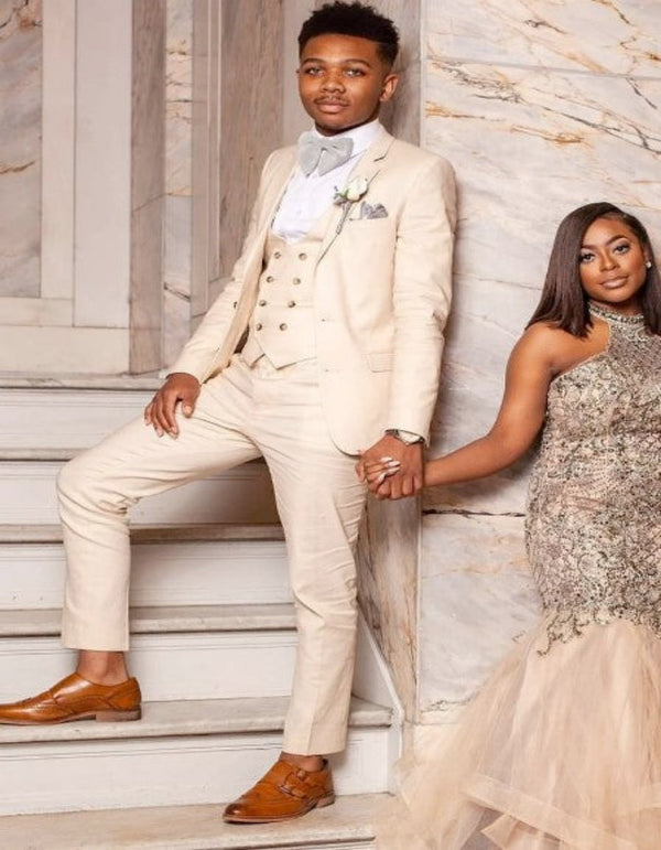 Suits with Double Breasted Vest - Champagne Color Suit With Double Breasted Vest in Light Tan Sand Color - Slim Fitted Summer Wedding Suit