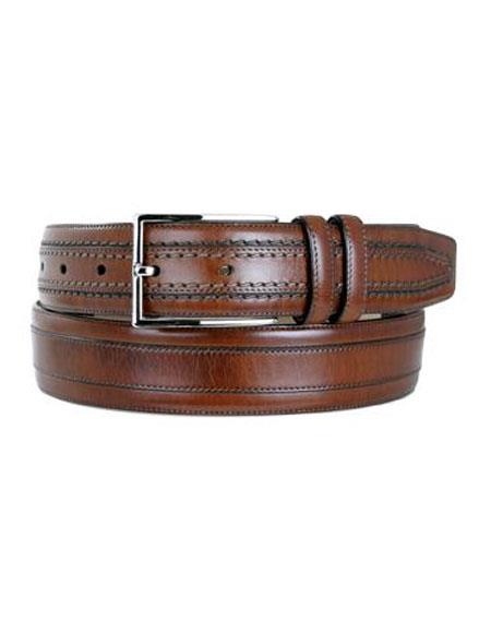 Mezlan Belts Men's Cognac Genuine Leather Satin Nickel Buckle Belt