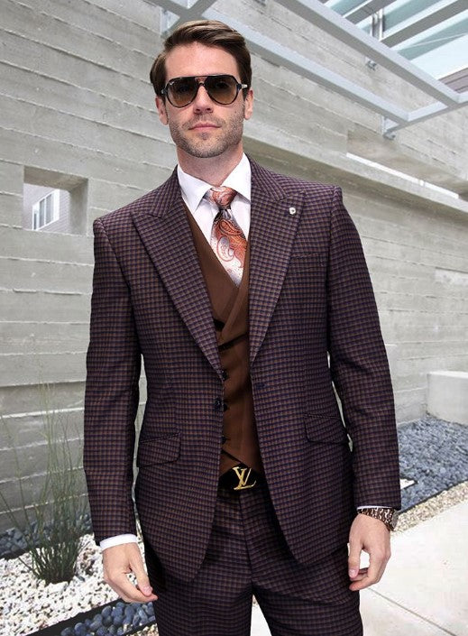 Mens Copper Suit - Brown Plaid Suit - Copper - Orange - Rust Color Double Breasted Vest Windowpane Pattern Suit - Wool Suit - Peak Lapel Side Vented Modern Fit