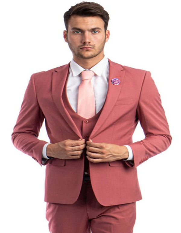 Coral Color Suit - Men's One Button Peak Lapel Solid Vest in Coral Pink Slim Fit Suit
