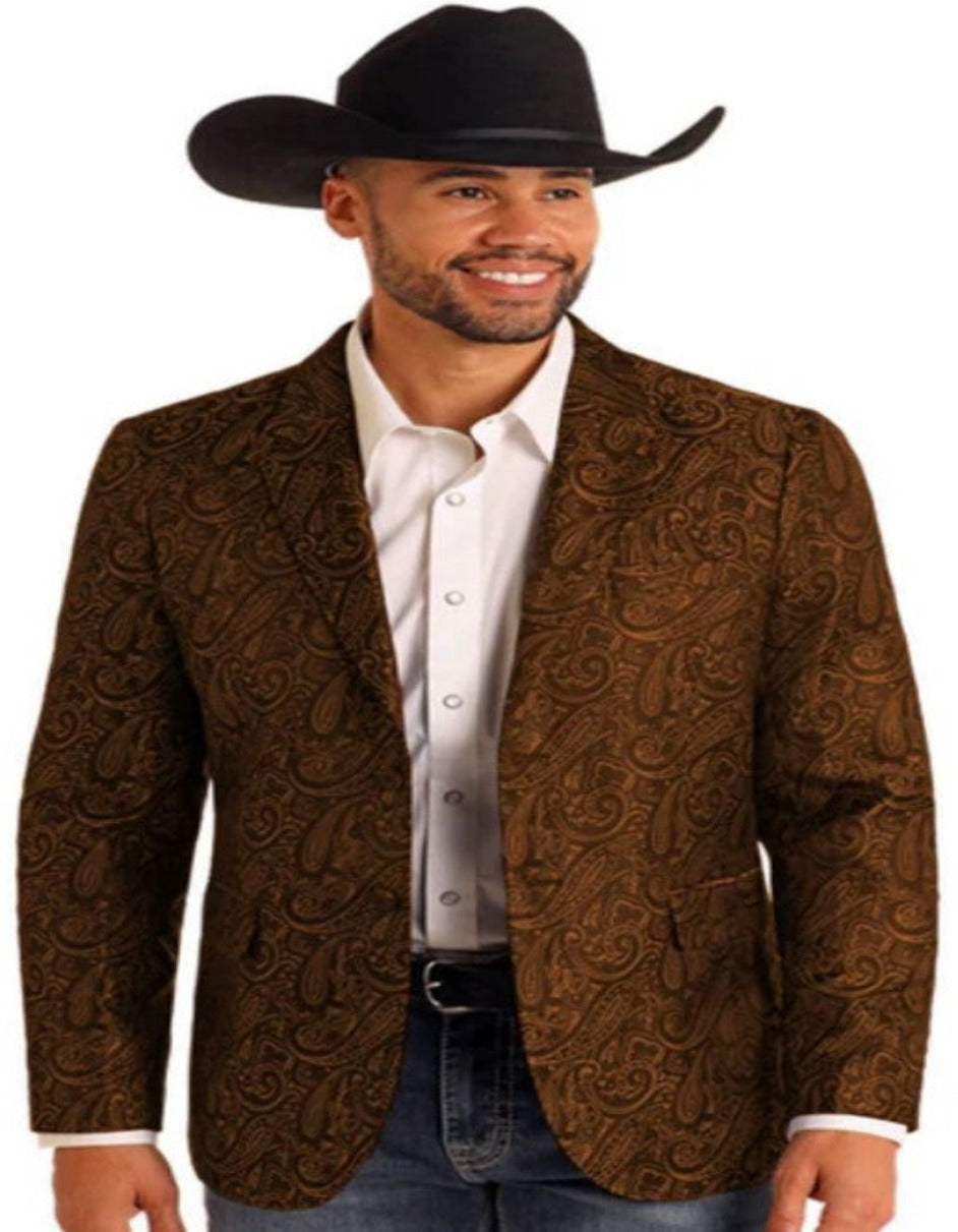 Mens Western Blazer Paisley Pattern Cowboy Tuxedo Brown Jacket