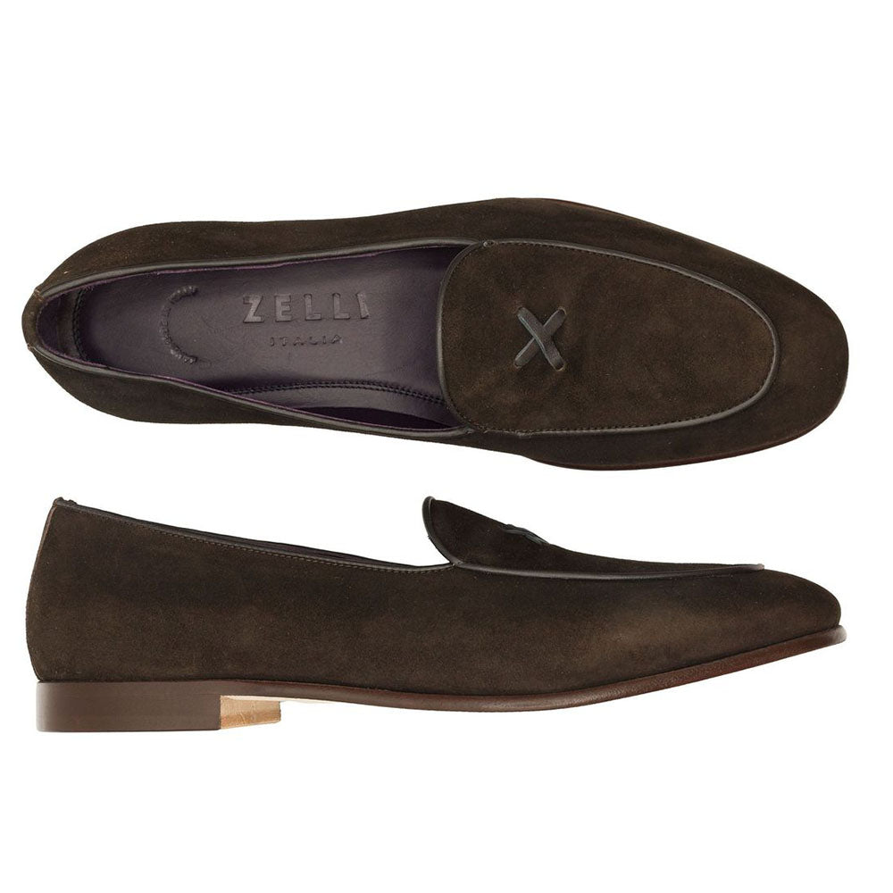 Zelli Sueded Goatskin Loafer with Crocodile Vamp in Nicotine