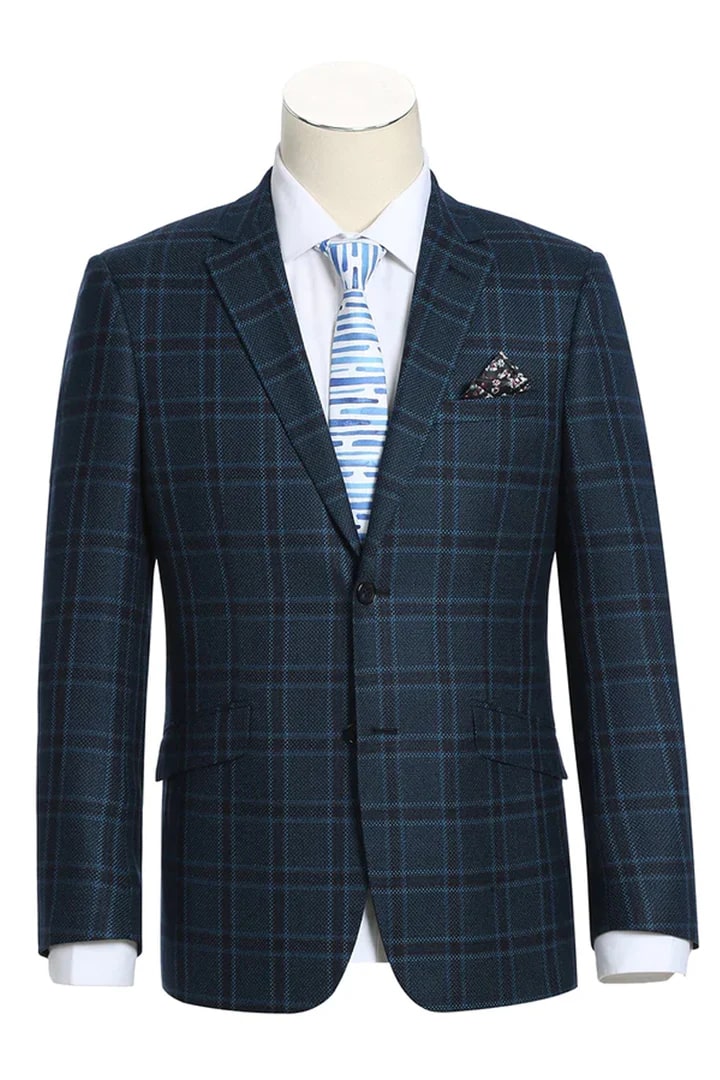 Sacos Vaqueros - Sacos Para Hombre  - Mens Two Button Slim Fit Wool Sport Coat Blazer In Dark Navy Blue Windowpane Plaid
