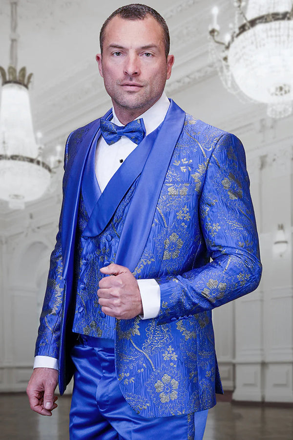 Royal Blue Suits - Men's royal blue paisley lace print tuxedo with double breasted vest – prom & wedding suit