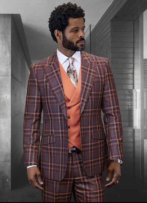 Mens Copper Suit - Statement Confidence Designer Suit - Copper - Orange - Super 150's Wool Suit 1 Button Peak Lapel Double Breasted Vest Rust Color  Perfect Fro Church