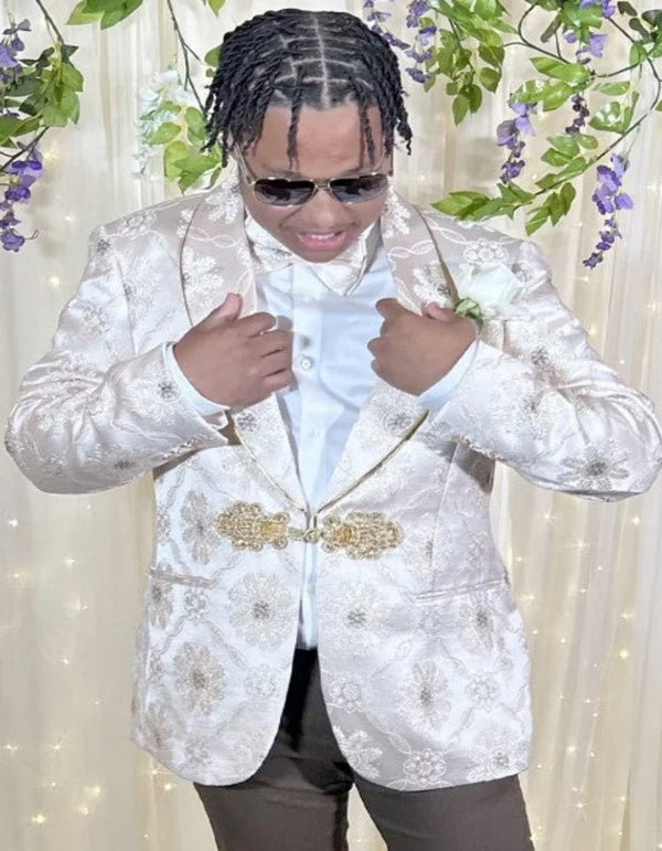 White and Gold Tuxedo - Mens Vintage Style Brocade Pattern Tuxedo Dinner Jacket in Ivory Cream