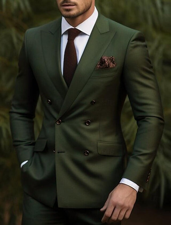 Green Suits - Double Breasted Slim Fit Suit - Dark Green Suit - Tapred Fit Pants