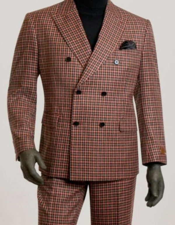 Checkered Suit - Double Breasted Suit in Gray and Orange By Steve Harvey Suit Clothing Line - Plaid Checkered Patterned Suit