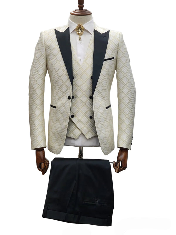 Cream Tuxedo Suit - Ivory Tuxedo - Cream Wedding Suit  - Off White Groom Peak Lapel  Suit