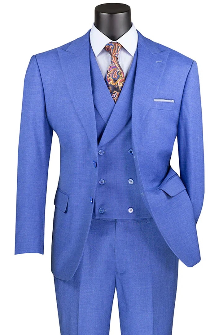 Trajes Elegantes Para Hombre - Trajes De Vestir - Mens Summer Sharkskin French Blue Double Breasted Suit
