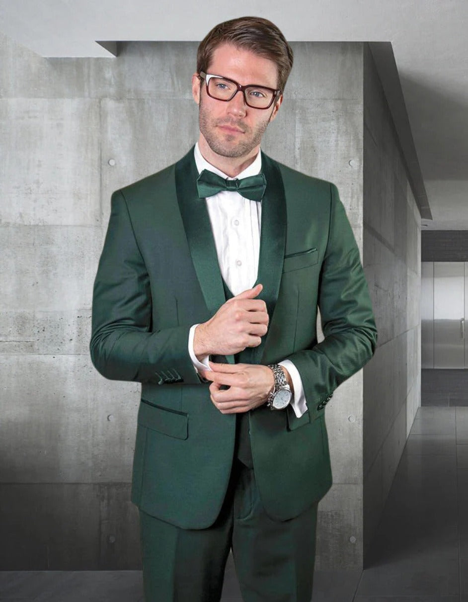 Esmoquin con chaleco y chal verde cazador para hombre