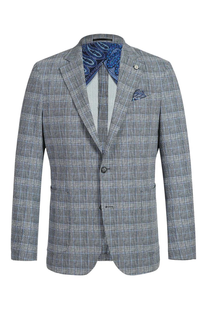 Sacos Vaqueros - Sacos Para Hombre - Blazer De Verano De Corte Entallado Y Sin Estructura Con Dos Botones Para Hombre En Cuadros De Ventana Gris Y Azul
